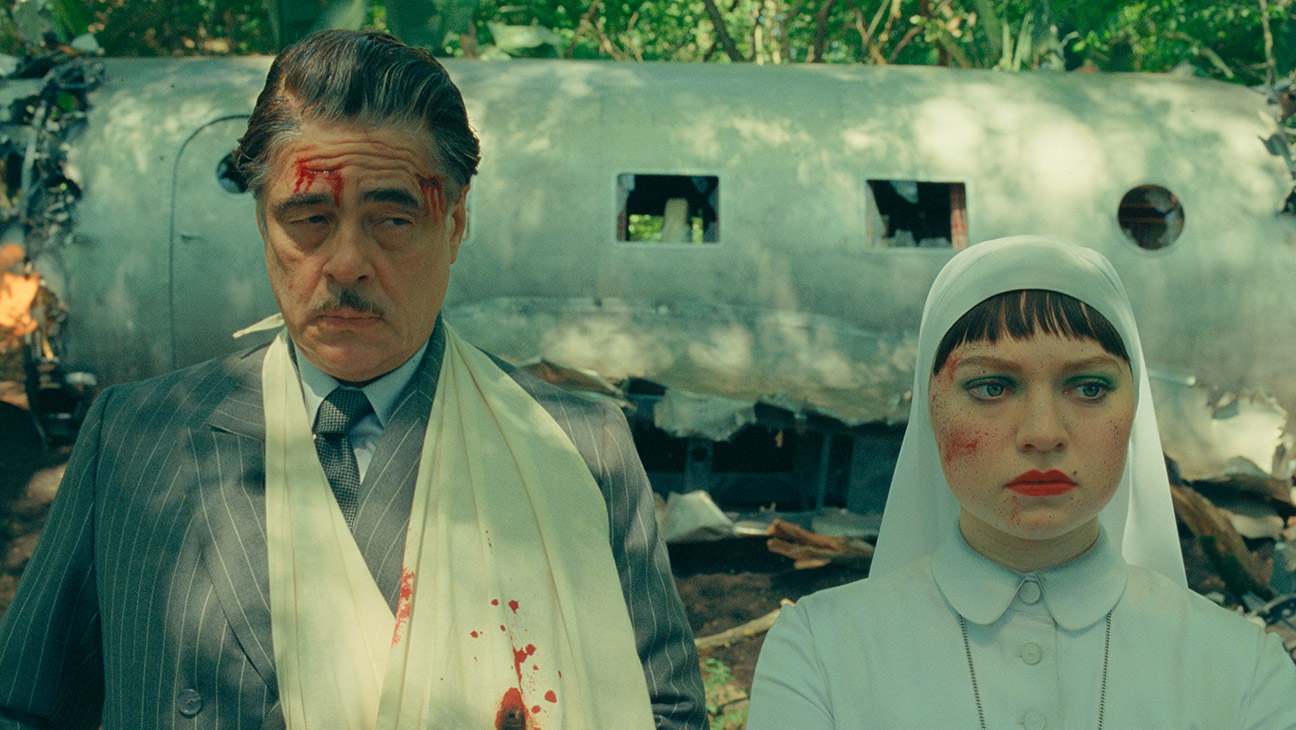 (L to R) Benicio Del Toro as Zsa-Zsa Korda and Mia Threapleton as Liesl in director Wes Anderson's The Phoenician Scheme